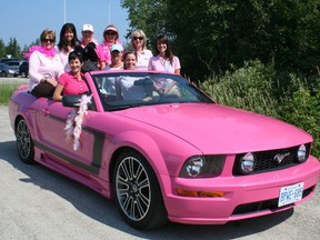 Maryse Bednarz welcomed committee members of the fourth-annual John P. Larche Charity Best for Breasts Golf Classic to pile into her pink 2005 Mustang convertible to promote the upcoming fundraiser. Bednarz is in the driver’s seat while Janna Cook, executive director of the Timmins and District Hospital Foundation, is in the front passenger seat. Also present are Brenda Forster, Ginette Morin, Marissa Dubois, Kathy Carhart, Mary Ellen Pauli, Tina Bilodeau and Mary Ellen Bobby.