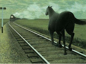 Alex Colville's glazed oil on hardboard "Horse and Train".