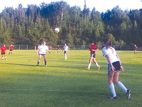 Katrina Onysko of the Tagg’s women’s soccer team throws the ball to a teammate during their game against Vanz on Monday, July 15. The annual Kenora Women’s Soccer League Invitational Tournament is this weekend July 19-21. 
GRACE PROTOPAPAS/Daily Miner and News