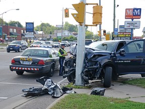 A three-vehicle collision at the intersection of Pembroke and Howard streets on Tuesday afternoon caused traffic headaches for drivers on both main cross-town thoroughfares, as police worked to clear the scene. A Dodge Ram pick-up truck bore the brunt of the damage after it slammed into a traffic light post. Paramedics attended the scene, but there were no serious injuries reported. Police are still investigating the cause of the collision.