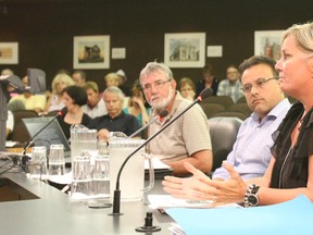 Celia Teale, right, development manager for ARG Devco, and Steve Vaccaro, vice president, discuss aspects of their proposed development of the former North Bay General Hospital Civic site on Scollard Street in this file photo.
