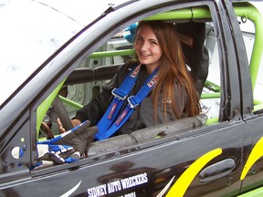 Stirling's Willow Barberstock waits in her 'office' prior to her Battlefield Equipment Four Fun Division qualifying event recently at Peterborough Speedway.