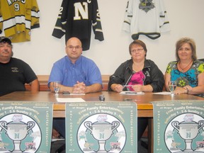 Logan Clow/R-G
The North Peace Navigators held a press conference on Wednesday July 10, 2013 to announce Webberville Aggregate as the title sponsor for a Jr. A hockey challenge in Peace River on August 31- September 1, 2013. The attending teams, will face-off for the Webberville Aggregate Cup. Pictured (l-r): Gary Robinson (Webberville Aggregate), Darcy Haugan (Navs General Manager & Head Coach), Shawna Shannon ( Director of Marketing, Advertising and Social Media for the Navs) and Michelle Robinson (Webberville Aggregate).