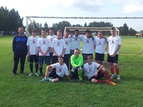 Peace River's U-18 team poses for photos following competition at the Youth Outdoor Soccer Provincial Tournament earlier this month. (Photo submitted by Nicola Pyper)