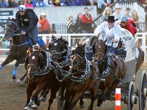 Jordie Fike enters the first turn during chuckwagon races at the Calgary Stampede, July 13.