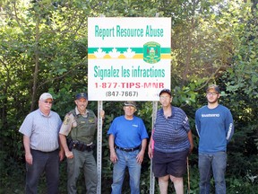 MNR area supervisor Brian Riche, conservation officer Denis Lefebvre, Espanola’s Game and Fish Protective Association vice-president Lauri Myllynen,president Leland Morley and Stephen Sucharzewski, summer student with the MNR. 
Photo by Dawn Lalonde/Mid-North Monitor/QMI Agency