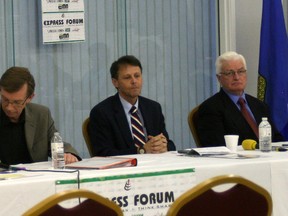 Mike Allen (LEFT), Guy Boutilier (CENTRE), and Doug Faulkner (RIGHT) during an April 2012 provincial election campaign debate. TODAY FILE PHOTO