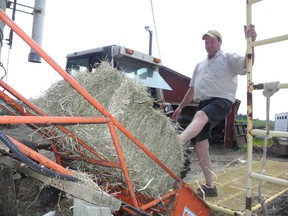 Jerome MacDonell gives a bale a kick onto the hay mow elevator as he does last minute hay cutting before storms rolled in on Wednesday.
Greg Peerenboom staff photo