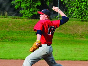 Brockville Sr. Bunnies pitcher Connor Burns delivers a pitch during the team's 4-2 win over Ogdensburg on Wednesday at Jack Giffin Field at Fulford Park. (STEVE PETTIBONE The Recorder and Times)