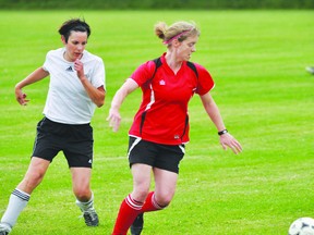 Portage's Jillian Enright controls the ball during the Portage Blaze/Brunswick Sting game July 17. (Kevin Hirschfield/THE GRAPHIC/QMI AGENCY)