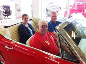 Supplied photo. In the backseat, Tannys Laughren, executive director of the Northern Cancer Foundation, Scott McCulloch of Cambrian Ford and, in the passenger seat, Mike Levesque of the Sudbury Classic Cruisers Car Club at the launch of the Northern Cancer Foundation's latest fundraiser Wednesday, raffling off a 1965 Ford Mustang convertible. Tickets are on sale now for $5 each or 5 for $20 at the Northern Cancer Foundation office (inside the Cancer Centre), Cambrian Ford, Silver Bullet, A&W Restaurants (except the Rainbow Centre location) and on Sunday Classic Cruiser Nights in the Rio Can Centre parking lot. The draw date is May 11, 2014.