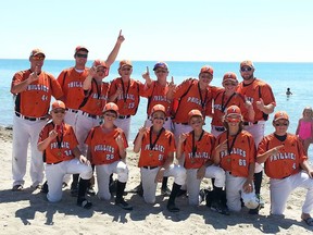 The Paris Phillies celebrate their tournament win in Goderich over the weekend at the beach. SUBMITTED PHOTO