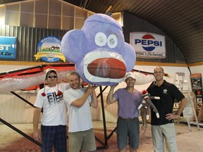 Tom Ginter, left, Geoff Waldeck, Ken Edgar and Kael Edworthy of Team Sock Monkey are close to making their design for a sock monkey flying machine a reality to compete in the Red Bull Flugtag Ottawa-Gatineau on July 27. MICHAEL PEELING/The Paris Star/QMI Agency