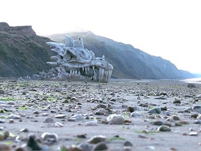A dragon skull was left on Chartmouth beach to promote the third season premiere of Game of Thrones on Blinkbox. (YouTube screen grab)