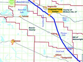 Starting in Hardisty, the Heartland Pipeline will run past Lamont and Bruderheim before a pump station will be set up in Fort Saskatchewan.

Graphic Supplied