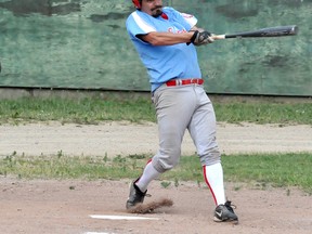 The Tom’s Lockshop Standard Tavern Extel Expo earned their first victory of the Timmins Men’s Baseball League season with a 9-7 triumph over the Timmins Red Sox on Wednesday. Expos player Chris Ribau fouls off a pitch in Monday’s game versus the Orioles.