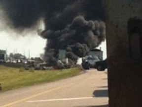 The scene after two gravel trucks crashed west of Edmonton. (Reader photo)