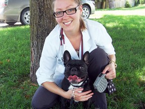 Members of the Oxford County O.P.P. and Dr. Amanda Palmer of Edward Veterinary Services in Tillsonburg; seen here, are reminding people of the dangers of leaving pets and children in parked vehicles this summer. Joining Dr. Palmer is Oscar, a French Bulldog, enjoying the shade and plenty of water. 

KRISTINE JEAN/TILLSONBURG NEWS/QMI AGENCY