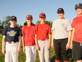 Grande Prairie Minor Baseball players (left to right) Whitley Thibodeau, Jessica Hamilton, Emma Van Buskirk and Elizabeth Auger were all selected to join Team Alberta at the Baseball Canada National Championships in August. Ashley MacMullin (on the far right) was part of open-age Team Alberta at the national championships on July 11 to 14. They were all together after an evening of practice at the Evergreen Baseball Diamonds near Grande Prairie on Tuesday. (Ivan Danielewicz/ Special to the Daily Herald-Tribune)