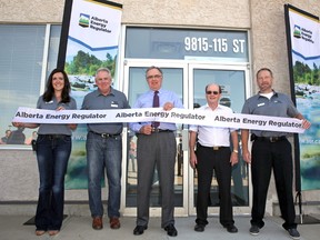 (Left-right) Candace MacDonald, Grande Prairie Field Centre Team Leader; Tom McGee , Stakeholder Engagement Office Vice President; Brad McManus , Chief Hearing Commissioner; Fred Estlin, Board Director; and Robin King , Field and Operations Branch Vice President were all on hand for the official opening of the new AER Field Centre in Grande Prairie. (Supplied)