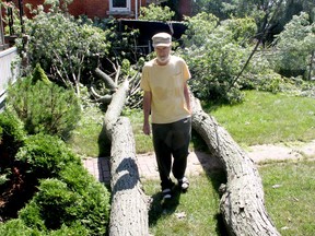 Ken Allan, of South Bartlett Street, stands near a pair of tree limbs which just missed his house and verandah during Wednesday evening's storm.
Ian MacAlpine The Whig-Standard