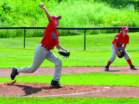 Brockville Major "A" Braves pitcher Jacob Servage fires a pitch during a District 7 Little League playoff game against Cornwall last weekend. Local Little League officials are questioning whether a short season is one of the reasons enrolment is down throughout youth baseball. (STEVE PETTIBONE The Recorder and Times)