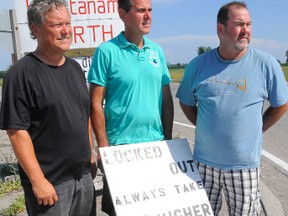 Locked out steelworkers Paul Chapman (left) of Hamilton, Andy Magierowski of Hamilton, and Ken Harding of Caledonia were on the picket line at Nanticoke on Thursday afternoon. U.S. Steel is forcing a vote on its latest offer. (DANIEL R. PEARCE Simcoe Reformer)