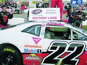 Scott Steckly of Milverton celebrates in victory lane after winning the Velocity Prairie Thunder 250 in Saskatoon Wednesday night, his second straight win in the NASCAR Canadian Tire Series. (Contributed photo)