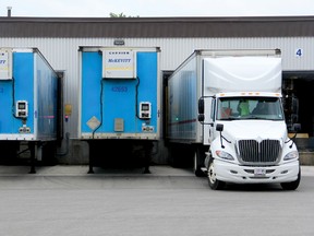 A truck prepares to leave the loading bay at Canarm in Brockville on Thursday afternoon. Brockville has gained manufacturing jobs in the last seven years, according to a study. (THOMAS LEE/The Recorder and Times)