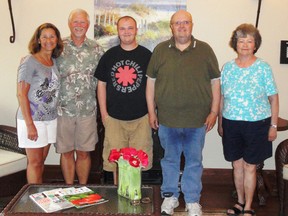 The Harnick Family had the opportunity to meet Doug and Jeannette Wolfe of Washington State recently. Doug's participation in a treatment over 20 years ago saved the life of Kincardine's John Harnick, now 22. L-R: Jeannette Wolfe, Doug Wolfe (donor), John, Joe and Gaye Harnick of Kincardine.  (TROY PATTERSON/KINCARDINE NEWS)