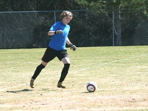 Keeper, Sandy Davidson-Hunt, kicks the ball during a game with the St. Thomas Aquinas Saints. Davidson-Hunt and high school teammate, Patrick Van Belleghem, striker, are moving to Thunder Bay in order to play soccer at a higher level and hopefully attract university scholarship offers.
GRACE PROTOPAPAS/KENORA DAILY MINER AND NEWS