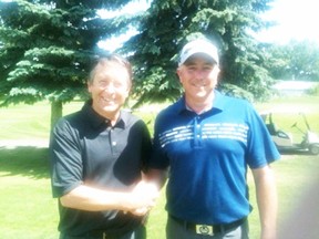 Keith Whitecotton (right) is congratulated after his win at The Ranch Golf and Country Club. - Photo Courtesy Alberta PGA