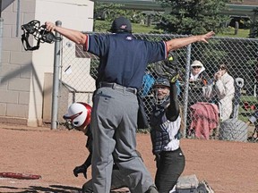 This run, one of three the Hornets scored in extra inning play looked like it may be enough to post a win against Calahoo in round robin play, but Calahoo scored four times in the extra frame to walk off with a 7-6 victory. - Gord Montgomery, Reporter/Examiner