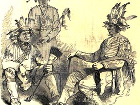 Chiefs Chingwackonce (Little Pine), Nabunagoging (The Eclipse) and Menissinowenninne (The Great Warrior) in Montreal to present a petition to Gov. Gen. Lord Elgin, in early July 1849, demanding that their rights be respected and the government engage in a treaty process.