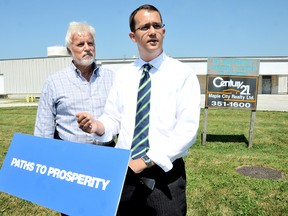 Conservative Chatham-Kent Essex MPP Rick Nicholls, left and colleague Monte McNaughton, MPP for Lambton-Kent-Middlesex held a joint media conference Friday criticizing the Wynne government for its lacklustre performance in combating unemployment. Diana Martin/Chatham Daily News/QMI Agency