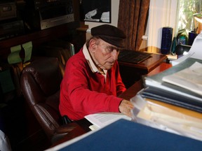 Author Peter C. Newman sits in the study of his Belleville home Tuesday. He's writing a book about the United Empire Loyalists, whom he credits with creating Canada.