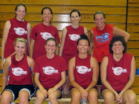 The Shock won the 2013 Women's Hoop Loop title at Lambton College. Pictured are team members (left to right) back row:  Theresa Siertsema, Shelley Pretty, Linda Sparks, and Cara Fraser. Front row:  Sarah Goodman, Tara Odolphy, Sam Kaldeway and Kathy Arcuri-Arnott. Missing:  Melanie St-Louis. (Submitted photo)