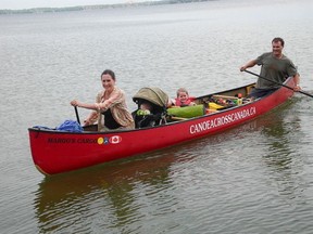 Geoff and Pam MacDonald, their sons, Jude and Rane, in tow, paddle their 20-foot Esquif Mirmachi canoe on Lake Couchiching. The MacDonalds set out to canoe across Canada from Victoria, B.C., in 2007 and will wrap up their voyage in Quebec City this August. 
ROBERTA BELL – THE PACKET & TIMES