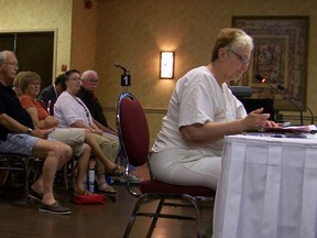 Local environmentalist Elaine Kennedy speaks during a consultation on Friday, aimed at gathering comments on a new plan to regulate water levels in Lake St. Lawrence and the river.