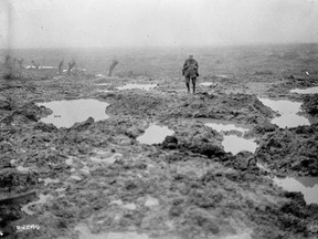 “Mud and barbed wire through which the Canadians advanced during the Battle of Passchendaele." Photograph by William Rider-Rider, November 1917, from the collection of Library and Archives Canada.