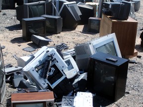 Old electronics dropped off for proper disposal at the Kenora garbage transfer station. Most are Tvs, which make up 60 per cent of all e-waste in Ontario.