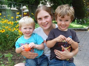 Jaslyn DeClercq is one of a group of parents hoping to bring a free splash pad to Tillsonburg. With similar free splash pads available in Woodstock, Norwich and Ingersoll, DeClercq said providing a local splash pad here would benefit the community and families of all ages. Joining DeClercq are her two sons, Carter, (left) and Dylan.

KRISTINE JEAN/TILLSONBURG NEWS/QMI AGENCY