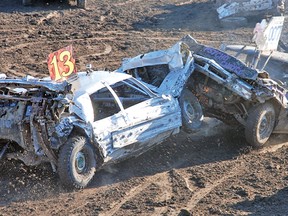 The final in Saturday’s demolition derby was an intense battle between nine cars in a last-one-standing contest. In the end, it came down to these two vehicles and in this collision, sparks can be seen flying. The winner was Chris Havind, from Strathmore, in car No. 13.