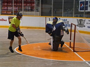 Owen Sound #2's Jason Berner hits the the post on a breakaway against Halton Hill's goalie Tom Orpana in Owen Sound's 4-3 loss on Sunday at the 12th annual Cubby Cruickshank Memorial Masters Lacrosse Tournament in Owen Sound.