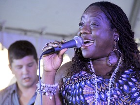 Thornetta Davis, the blues diva of Detroit, brought the audience to its feet to dance and sing at the Shrewsbury Ribs 'n' Blues festival Saturday. Despite the weather and wet conditions the festival drew 500 people to the hamlet on Rondeau Bay. (Diana Martin, Chatham Daily News)