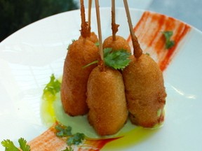 Crispy Lobster Corn dogs with Sriracha Ketchup & Wasabi Mayo