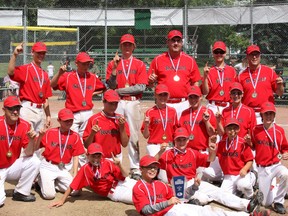 Middle: The Stitch ‘N Time Rockies take home the gold medal at the PeeWee championships in Stony Plain. Back Row: Alex Siudy, Joel Hittel, Zach Gervais, Darrell Bryson(Ass’t Coach), Keaton Huntley, Derek Schlosser (Ass’t Coach). Middle Row: Richard Siudy (Ass’t Coach), Ben Connell, Pacen Jager, Sara Hittel, Madison Bryson, Doreen Opsal (Coach). Front Row: Calder Thompson, Chase Opsal, Brody Pangborn, Blake Doell, Jack Schlosser.