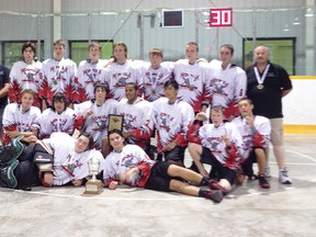 The Simcoe Sampla-Belting midget Timberwolves recently toppled Brampton at the Stayner Fairplay midget lacrosse tournament. Pictured are, front row: Brandon Hobbs and Isaiah Mt Pleasant. Middle row: Nathaniel Wilkinson, Willy Johnson, Alex Heimbuch, Jarid Williams, Tanner Simon, Dustin Rowely and Kele Murphy. Back row: assistant coach Bill Hobbs, coach Kevin MtPleasant, Clayton McColl, Nathan Pearson, Jordan Mike, Joseph Kozicki, Blake Fess, Jessie Brick, Aiden Prieur and trainer Jim Mike. (Contributed Photo)