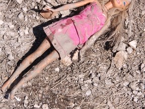 KEVIN RUSHWORTH HIGH RIVER TIMES/QMI Agency. Children's toys, such as this Barbie doll, covered in mud are a sign of lost memories and mementos never to be returned.