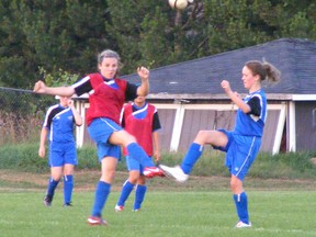 Meridian Credit Union wins 1-0  against Kincardine West Shore in red pinnies. (SUBMITTED)